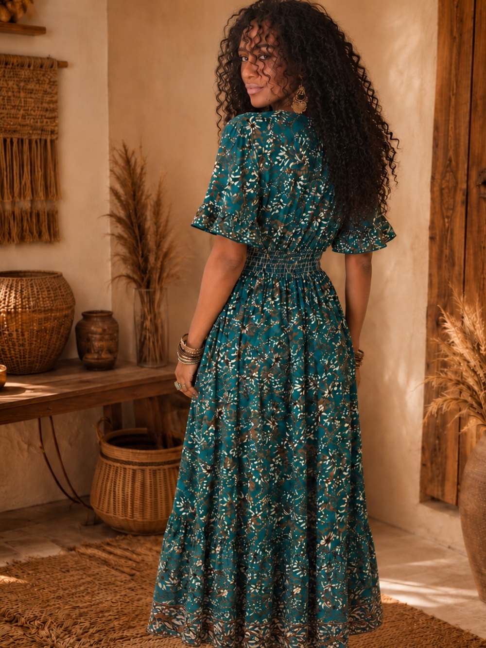 Max Studio 1X Teal Floral Boho Smocked Waist Flutter Maxi Dress - Picture 3 of 10